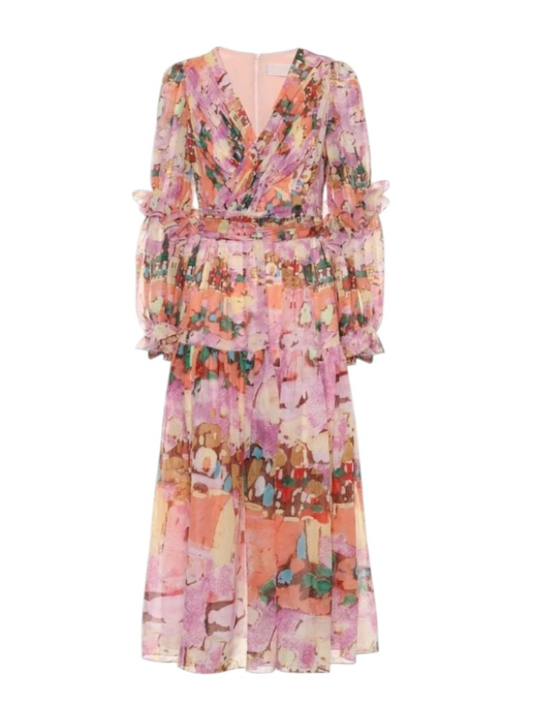 Peter Pilotto Georgette Silk Midi Dress Womens 10 Uk Us 4 6 Pink V-Neck Floral
